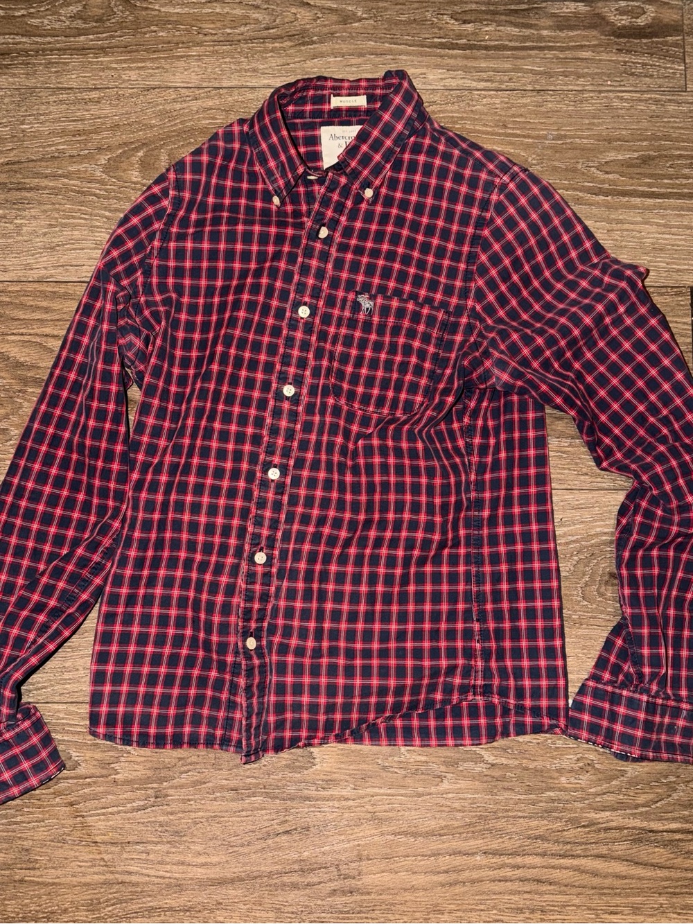 Abercrombie & Fitch Red and Navy Plaid Button-Down Shirt